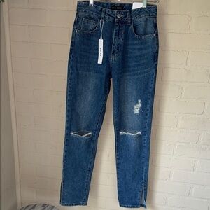 SHEIN jeans high waisted US 2 split 2 NEW blue denim distressed